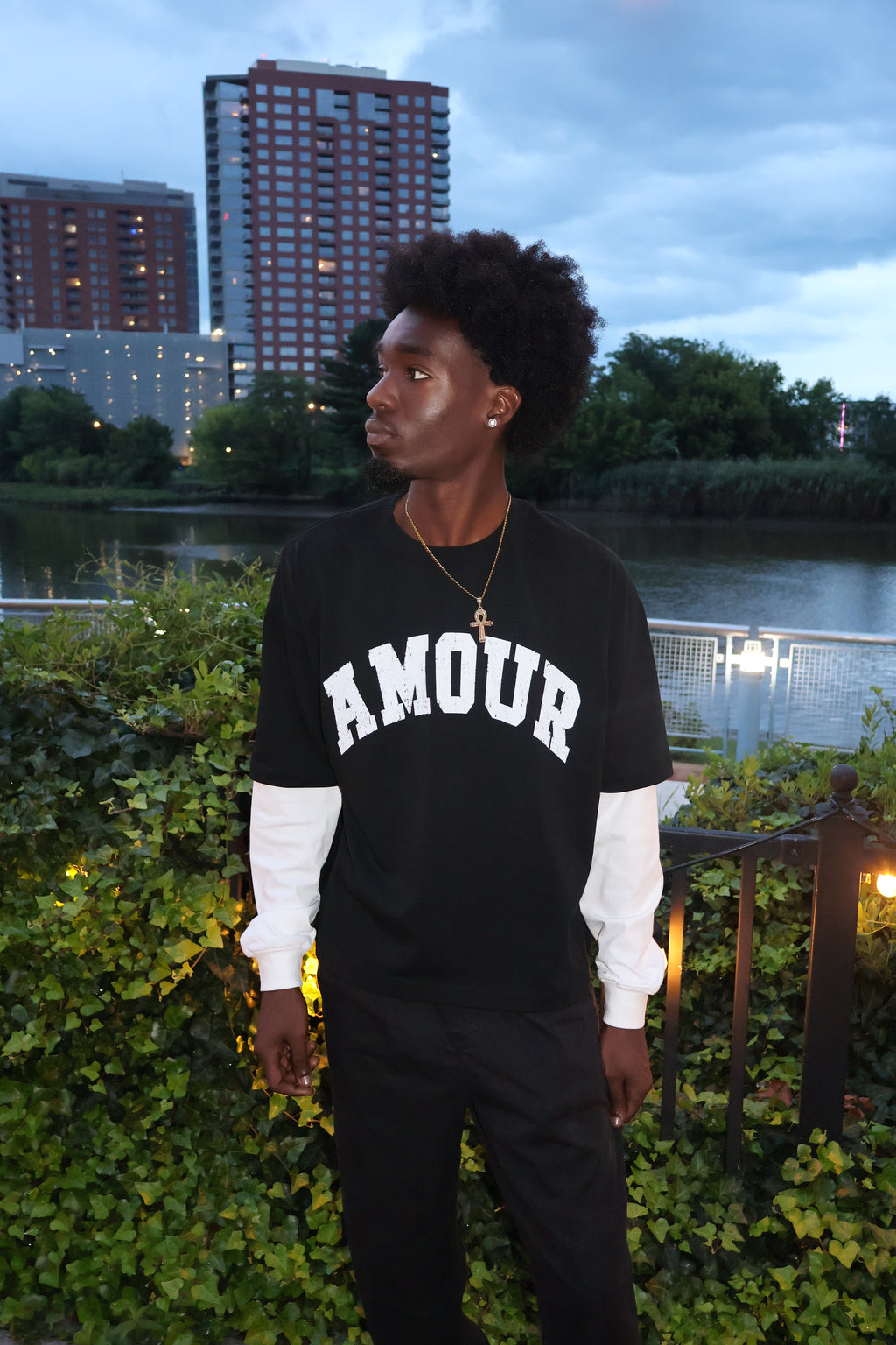 AMOUR Layered Sleeve Cotton T-Shirt