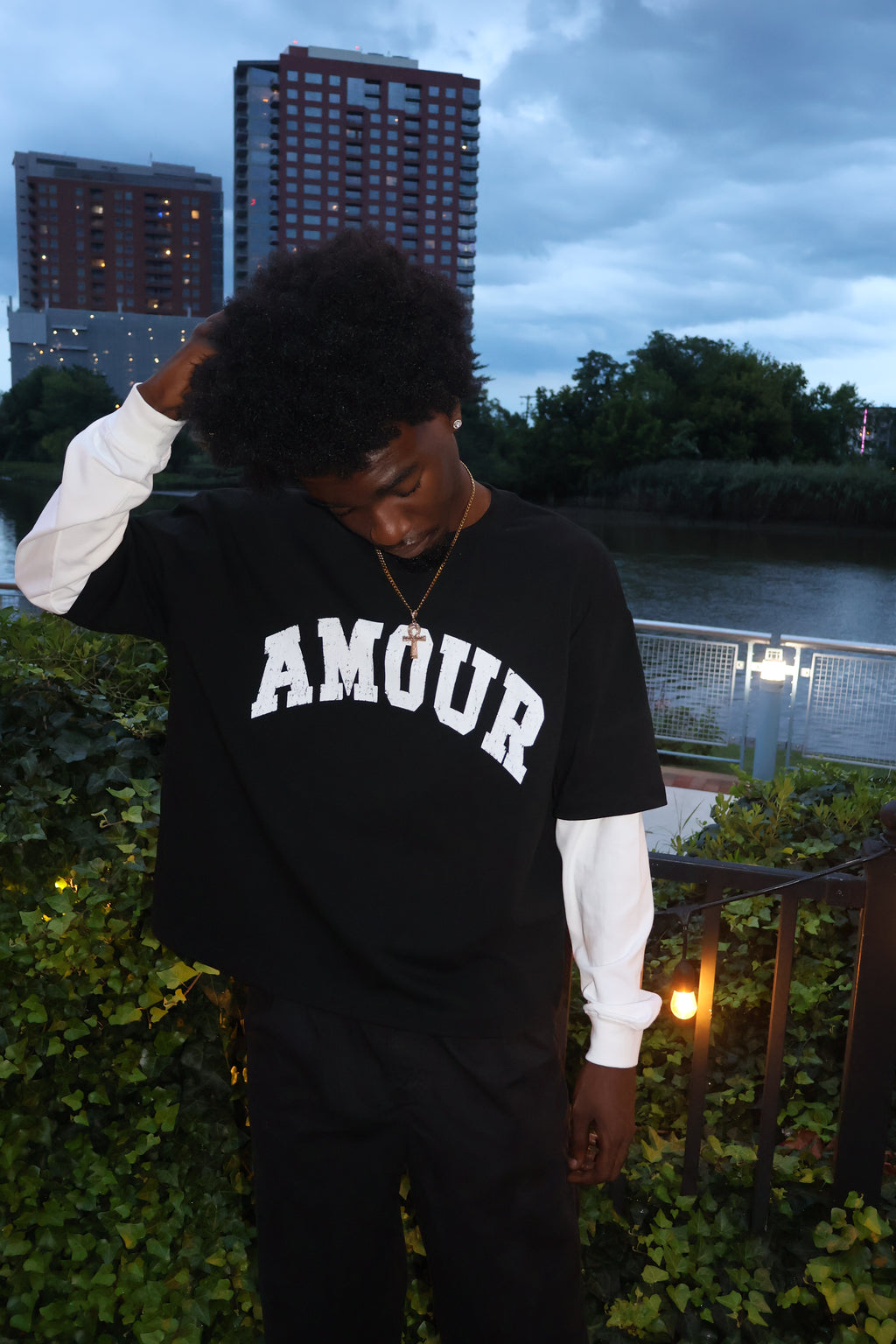 AMOUR Layered Sleeve Cotton T-Shirt